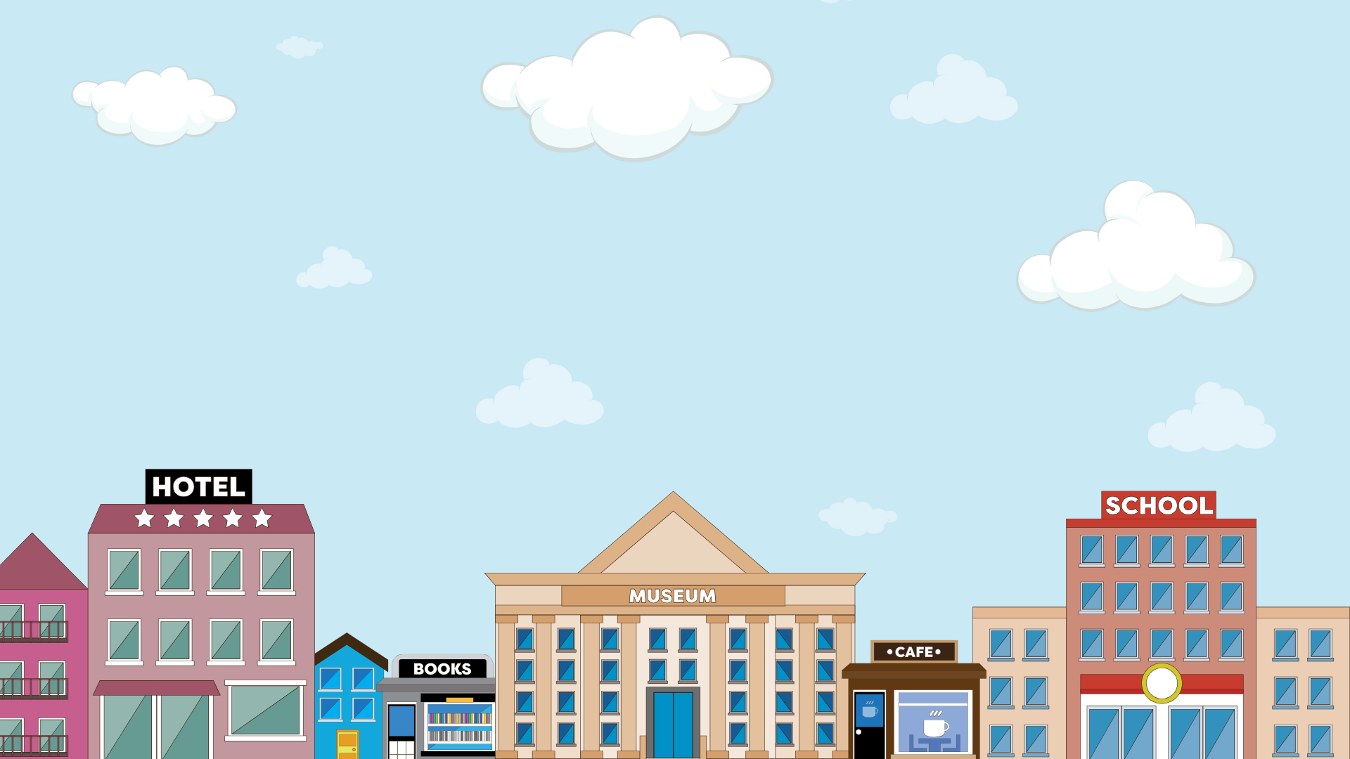 Illustration of a town with municipal buildings including a school, museum, hotel, and local businesses under a clear sky